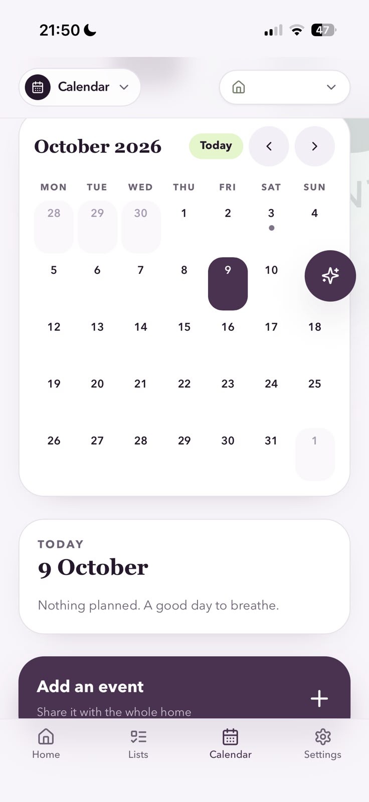 Hearthly app — calendar screen